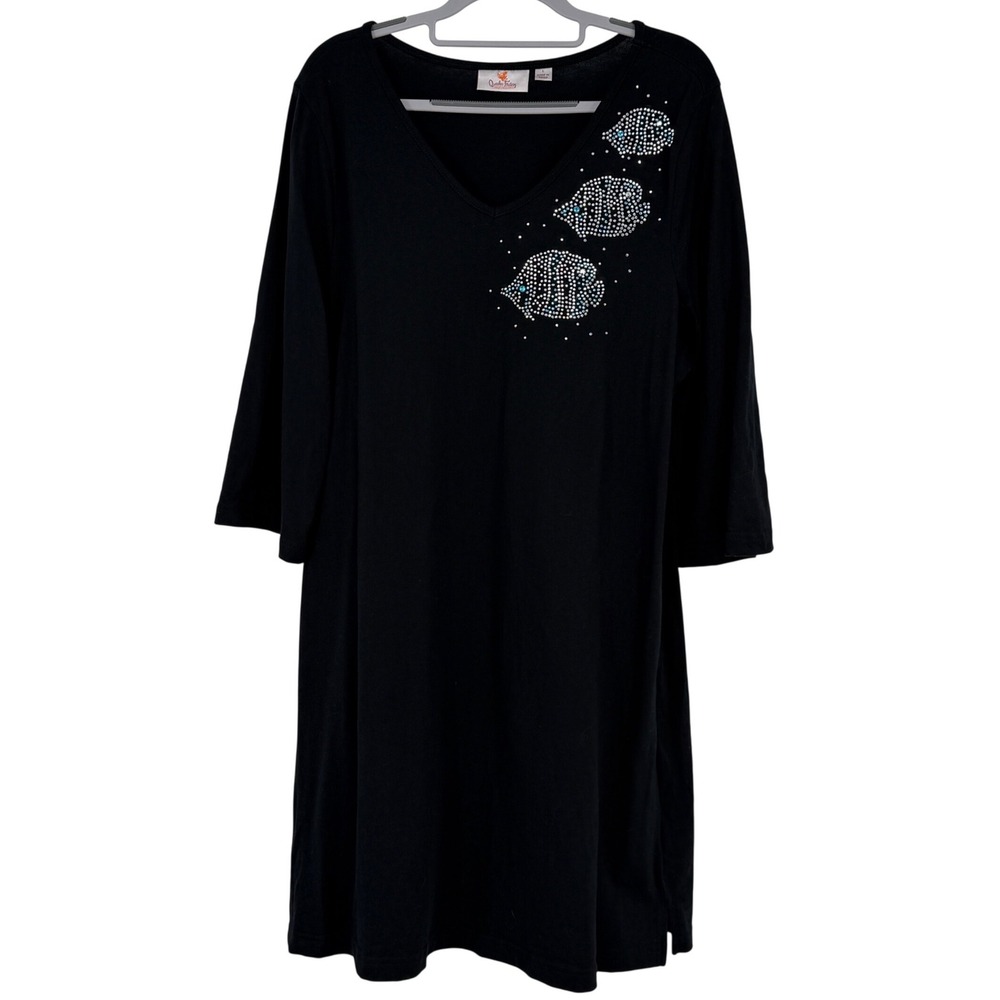 Quacker Factory Black Rhinestone Fish V-Neck 3/4 Sleeve‎ Cotton Dress Large